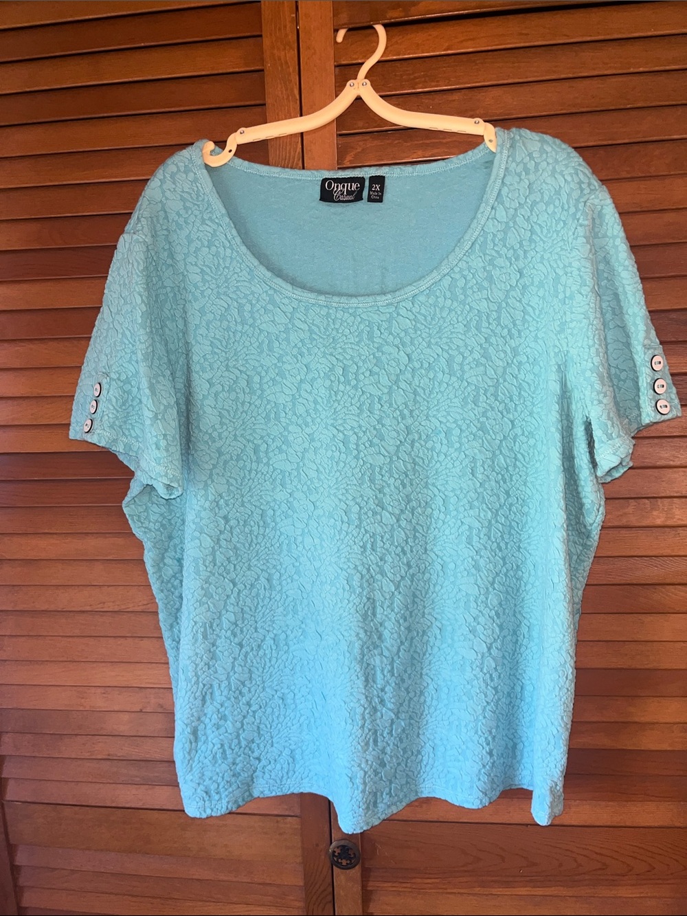 Onque Casuals Aqua Lace-Texture Short Sleeve Scoop Top Size 2X